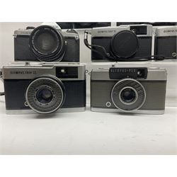 Olympus Pen-EE camera, serial no 415299, with Olympus D.Zuiko 1:3.5 f=2.8cm lens, together with four Olympus Trip 35 cameras, serial nos 4759245, 4257589, 1847727 and 5387611, each with Olympus D. Zuiko 1:28 f=40mm lenses
