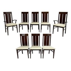 Large American walnut rectangular dining table on square block supports, together with set eight high back dining chairs with cream upholstered seats, the top and chair backs with matching inlaid geometric banding