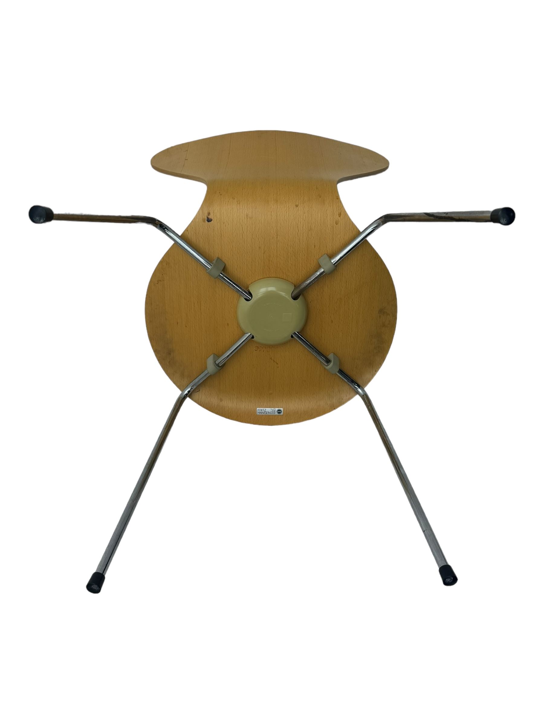 Piet Hein & Bruno Mathsson for Fritz Hansen - contemporary 'superellipse' dining table, oval beech top raised on four chrome supports; set of six Fritz Hansen butterfly-shaped chairs on tubular chrome supports