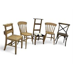Late 20th century ladder-back chair with recessed Bible storage; pair of spindle back farmhouse chairs; cross-back bistro chair with an arched top rail and woven rattan seat; ladder-back chair with a Union Jack upholstered seat (5)