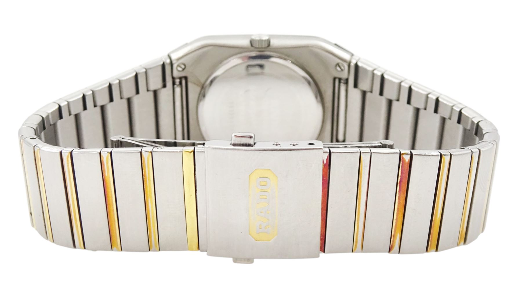 Rado Jubile Diastar stainless steel quartz wristwatch, Ref. 129.0266.3, black dial with diamond markers and date aperture, on original strap, with fold-over clasp