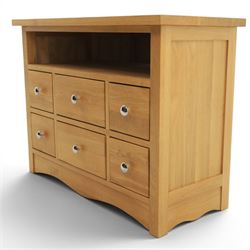 Modern oak living room set comprising; a small side cabinet, corner TV stand and coffee table, cabinet with single drawer and cabinet, finished with metal handles (H 80cm, D 32cm, W 80cm), TV stand with open recess and rear aperture for wires, above nine drawers with chrome pulls (H 62cm, D 50cm, W 84cm)  coffee table with curved edges and full length undertier (H 50cm, D 60cm, W 90cm)  
