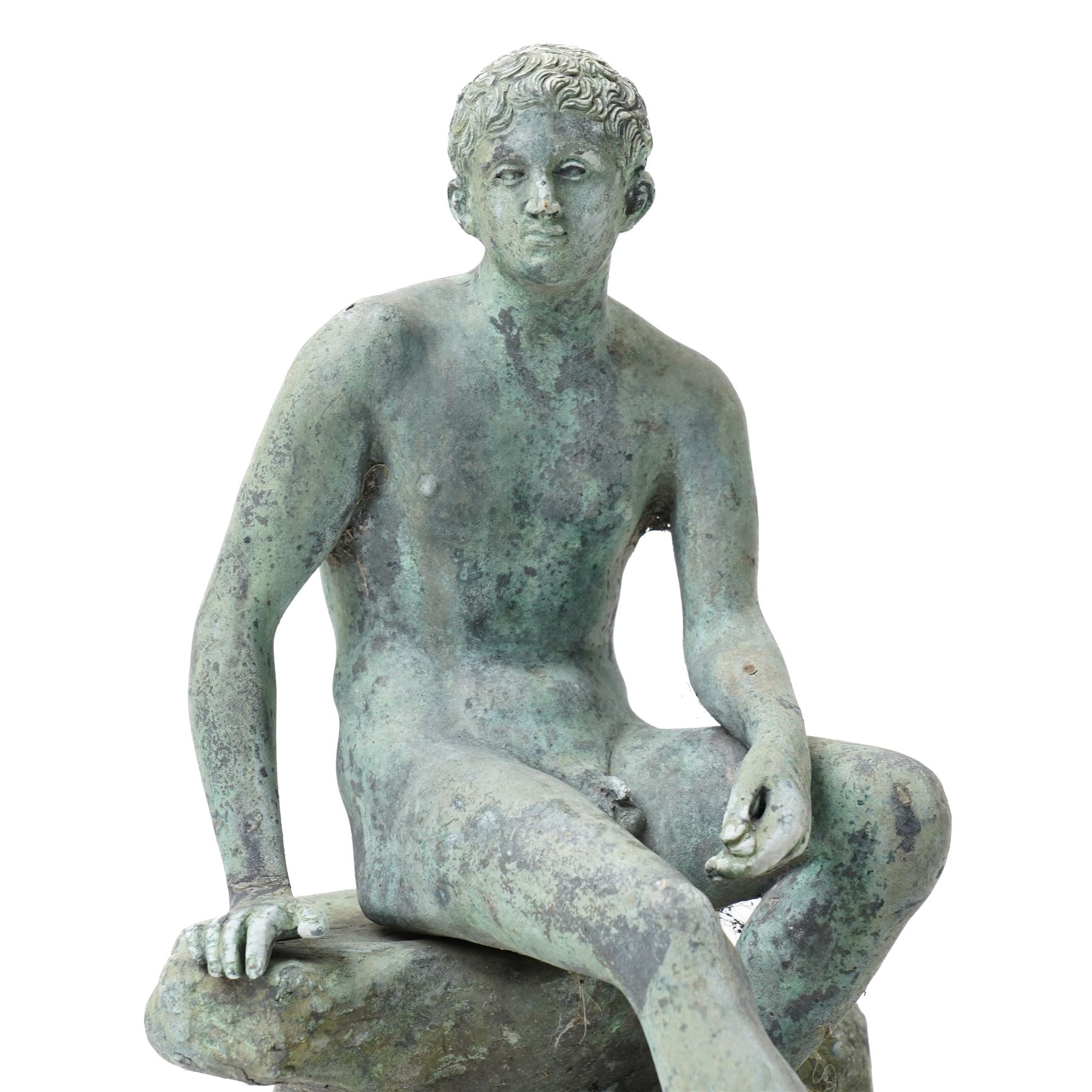 After the Antique - a cast metal sculpture of a resting Hermes, unmarked, H28cm 