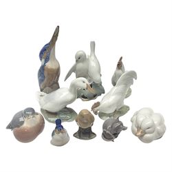 Ten Royal Copenhagen figures, to include Love Birds, two cockerels, goose, kingfisher, etc   