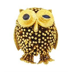 9ct gold owl brooch, with round cut and marquise cut sapphire set eyes, London 1967