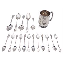 Small 1930's christening mug, of slightly tapering plain form, with C handle, upon circular spreading foot, hallmarked Barker Brothers Silver Ltd, Birmingham 1936, together with a set of twelve Dutch silver coffee spoons, with twist handles, impressed with GZ for Johannes Albertus Adolf Gerritsen and sword mark to bowls and five other silver spoons, each with varying designs and hallmarks, approximate total weight 7.42 ozt (230.5 grams)