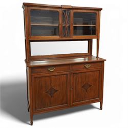 Early 20th century French mahogany dresser, raised display cabinets over bevelled mirror back, moulded rectangular top over two drawers and panelled cupboards, inlaid with figured panels, on square tapering supports with spade feet