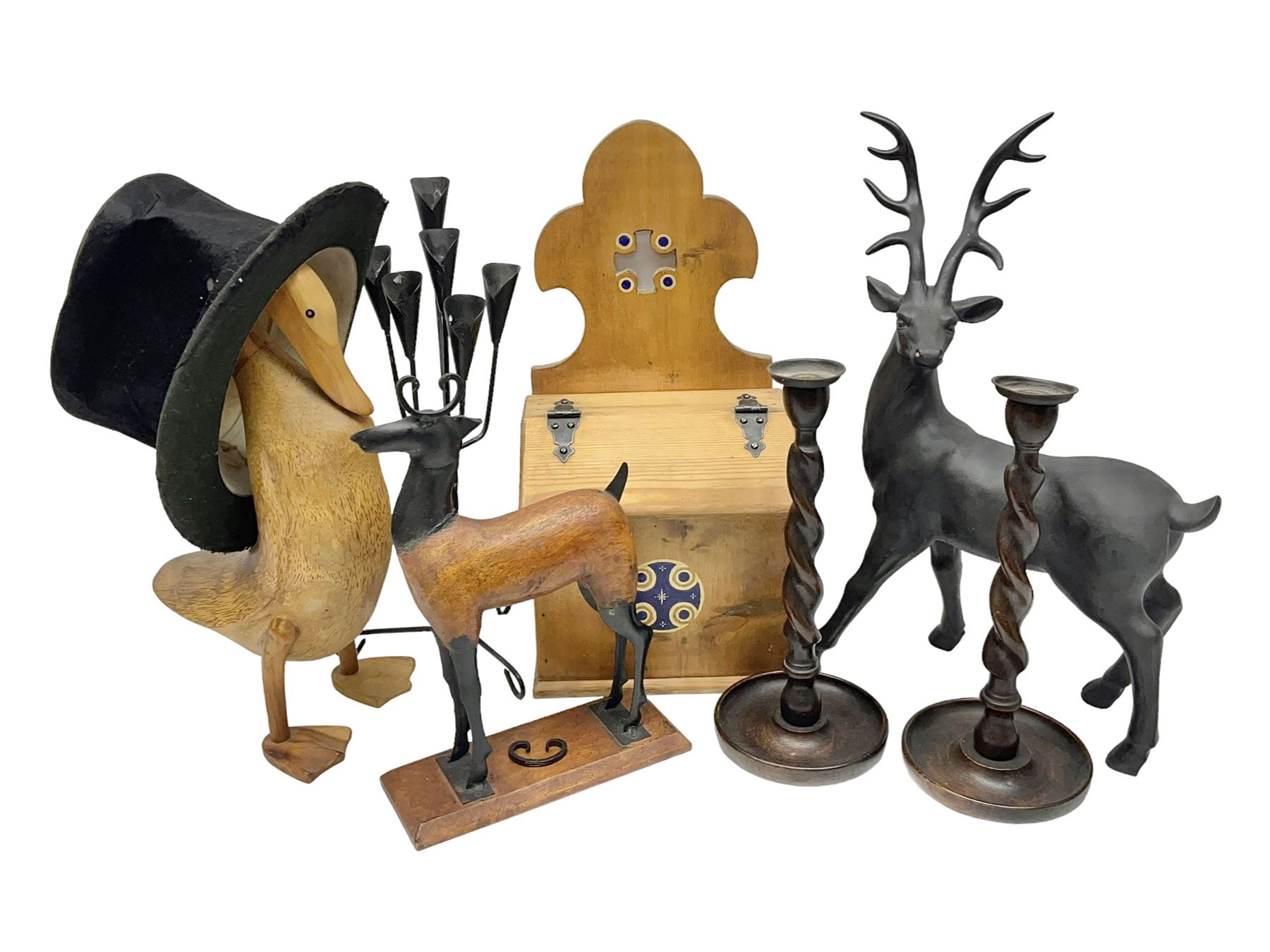Wooden candle box, together with two barley twist candlesticks, carved duck and other collectables 