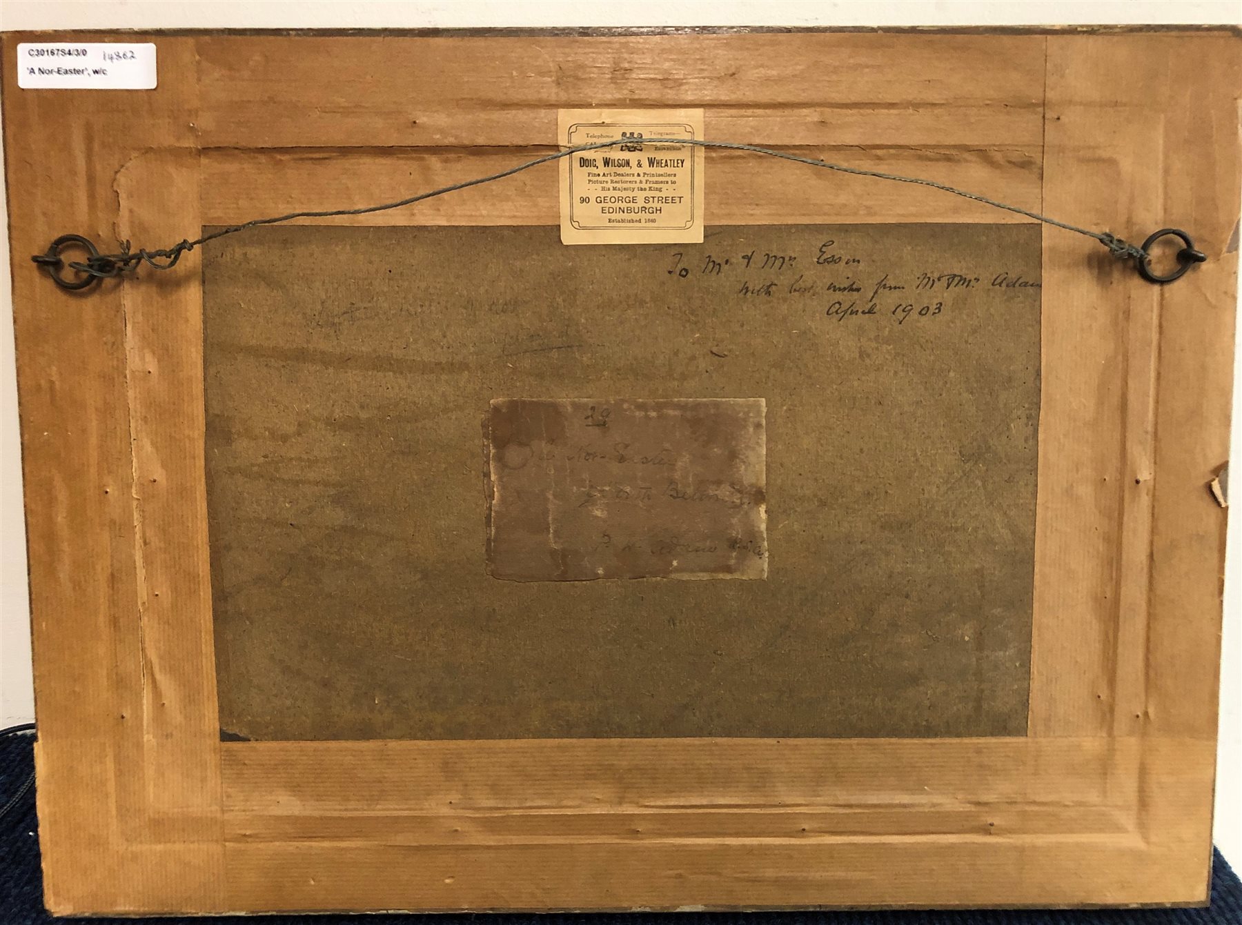  Patrick William Adam RSA (Scottish 1854-1929): The Bass Rock  'A Nor-Easter North Berwick', watercolour signed and dated 1888, titled and inscribed on label verso 25cm x 37cm  
Provenance: private collection; with Doig Wilson & Wheatley, George St. Edinburgh; gifted to Mr& Mrs Esson by Mr & Mrs Adam, April 1903, inscribed verso