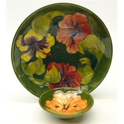  Moorcroft 'Hibiscus' pattern footed dish, D18.5cm and pin dish, both labelled 'Potter To The Late Queen Mary' (2)  