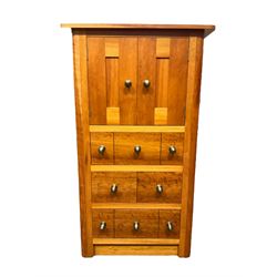 Cherry wood cabinet, fitted with double cupboard over two short and two long drawers, with faux drawer facias