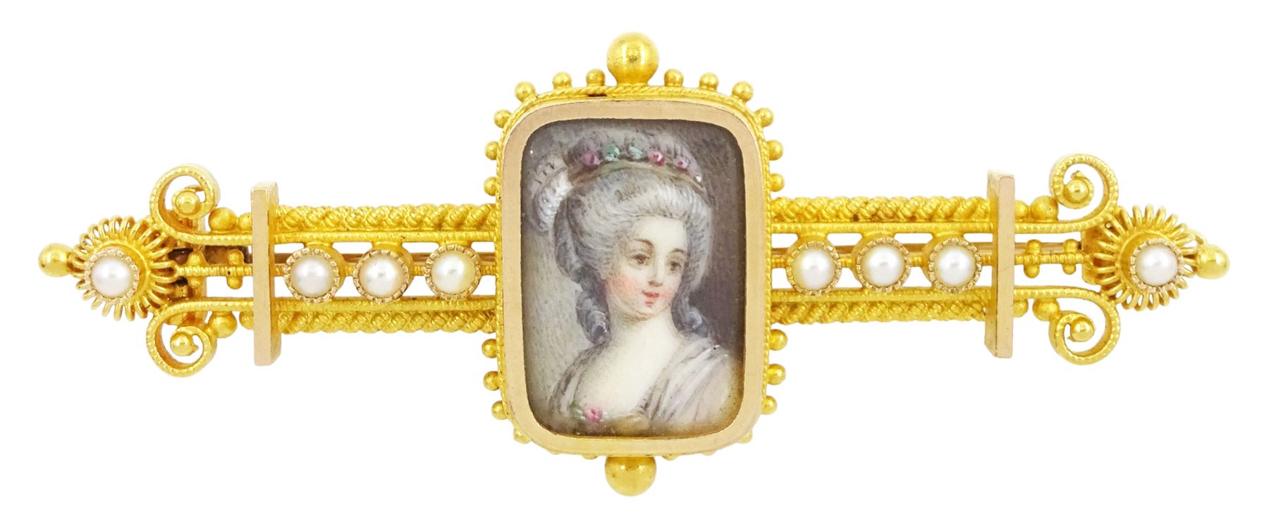 Victorian gold Etruscan revival portrait brooch, the bead and wirework brooch set with a central portrait of a woman in 18th century dress and eight seed pearls on ivory, in a velvet and silk lined box by A.K. Watters of Edinburgh. This lot has been registered for sale under Section 10 of the APHA Ivory Act