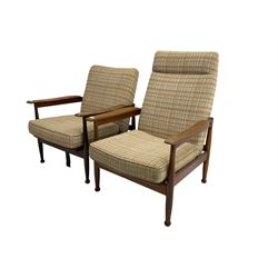 Guy Rogers - pair mid-century 'Manhattan' teak framed open armchairs, upholstered seat and back on turned supports