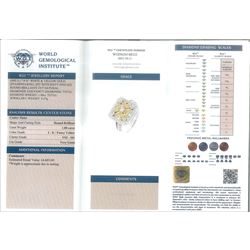 18ct white gold diamond flower head dress ring, milgrain set with sixty-five fancy yellow and white diamonds, with diamond set shoulders, stamped 750, total diamond weight 1.00 carat, with World Institute Report