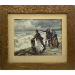 Ethel Hall (British exh.1894-1940): Figures on a Jetty, watercolour signed with initials 24cm x 31cm