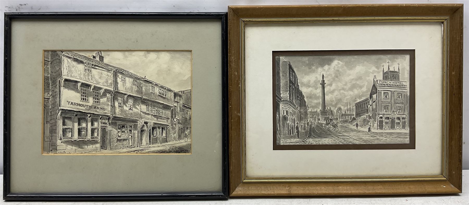 Frederick Schultz Smith (Hull 1860-1925): 'Yarmouth Arms' and the Wilberforce Monument - Hull, two monochrome watercolours and ink signed, the former dated 1913, 15cm x 21cm and 13cm x 19cm (2) 
Notes: the Yarmouth Arms was located near George Yard Entry on High Street and later became the Wilberforce Arms. Born in Worthing, Sussex in 1860, F S Smith came to Hull as a small child and lived most of his life in the old St. John's Wood area in west Hull; he was still drawing in his sixties shortly before his death in 1925. Much like his near contemporary and fellow Yorkshire artist Albert Thomas Pile (1882-1981), his drawings are visual 'snapshots' in time, often produced to record buildings that were due to be demolished. Smith was commissioned to produce around three hundred drawings for C E Fewster, a paint maker in Hull who collected historical records. Some were also used as illustrations in books and newspapers, such as the Eastern Morning News, whilst others were sold to the owners of premises which he had drawn.