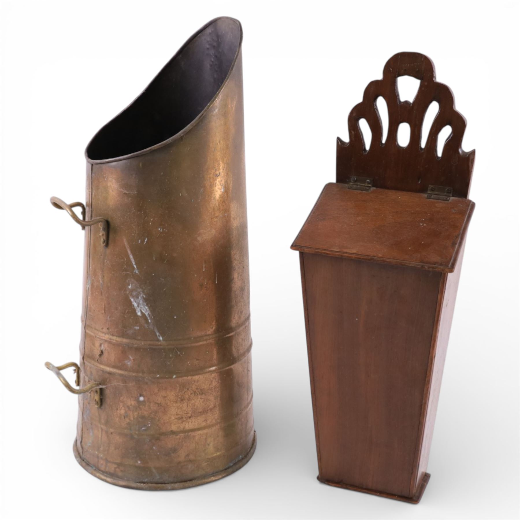 Oak wall mounted candle box, together with coal scuttle 