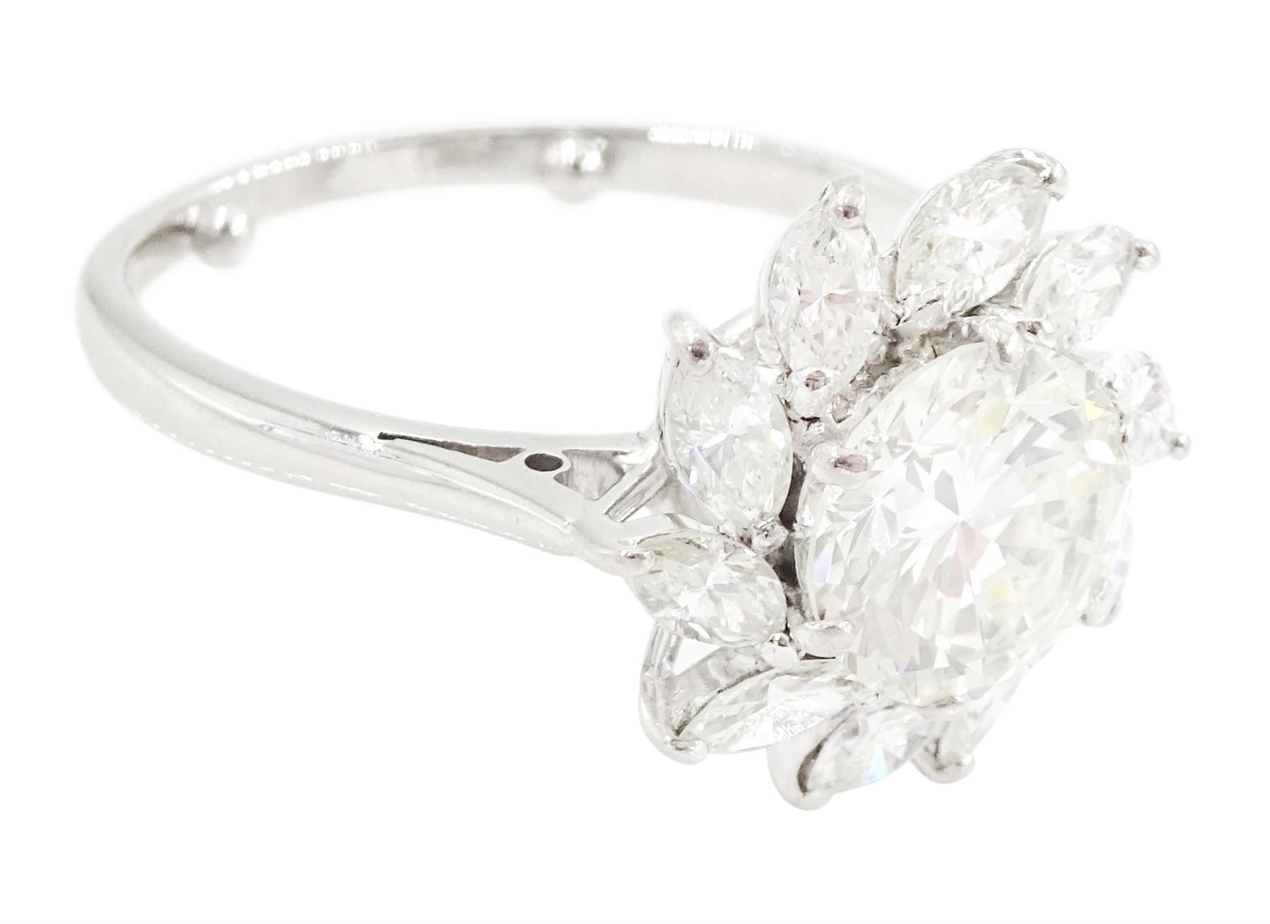 Platinum diamond cluster ring, the principal transitional cut diamond of approx 1.30 carat, surrounded by ten marquise cut diamonds, stamped Plat, total diamond weight approx 1.80 carat