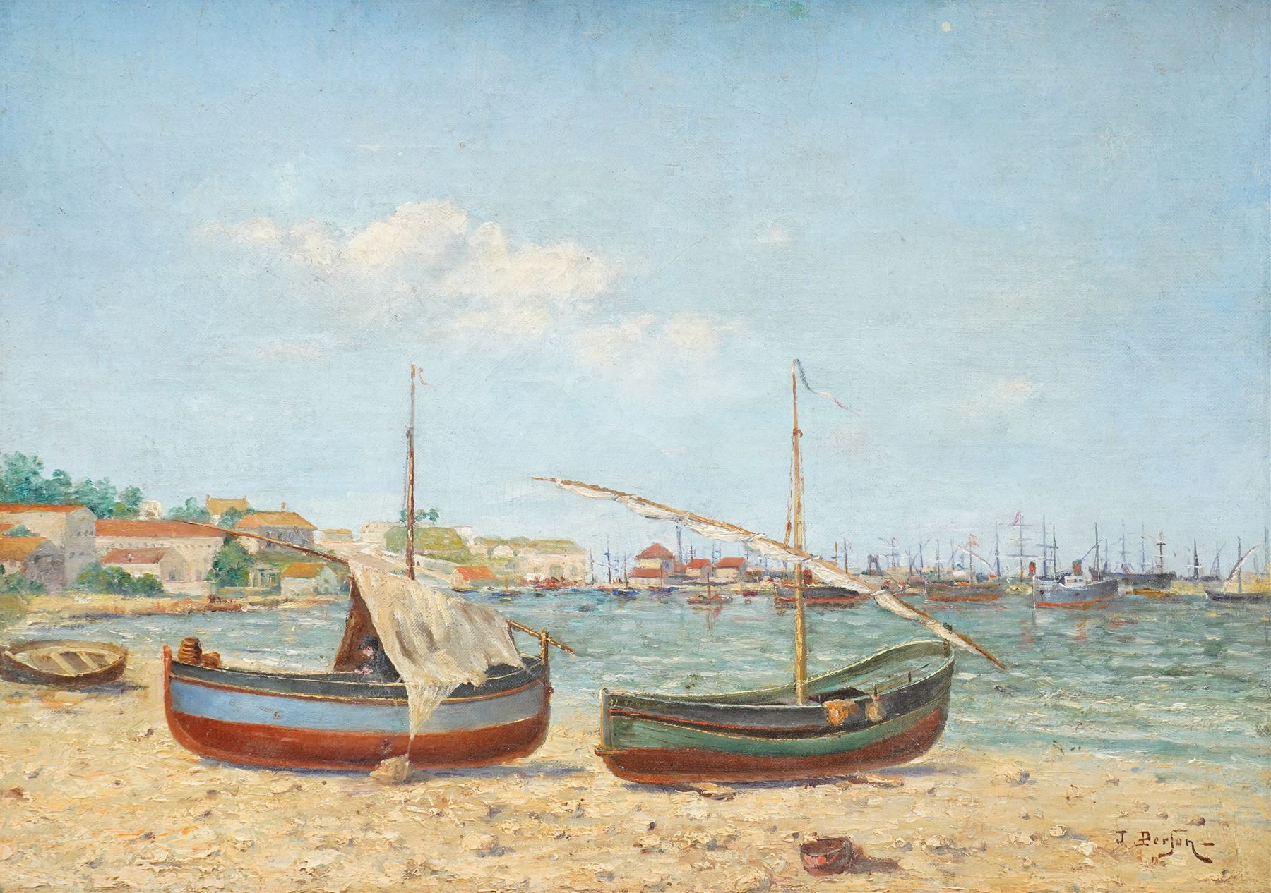 J Person (French School Early 20th Century): Impressionist Scene of Beached Sail Boats, oil on canvas signed 32cm x 44.5cm