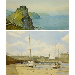  Thomas Hart (British 1830-1916): 'Castle Rock, Lynton', watercolour signed, titled on the mount, Geoffrey H Douthwaite (British 20th century): Scarborough Harbour, watercolour signed, and a drypoint etching of Chester indiscinctly signed in pencil, max 33cm x 47cm (3)  