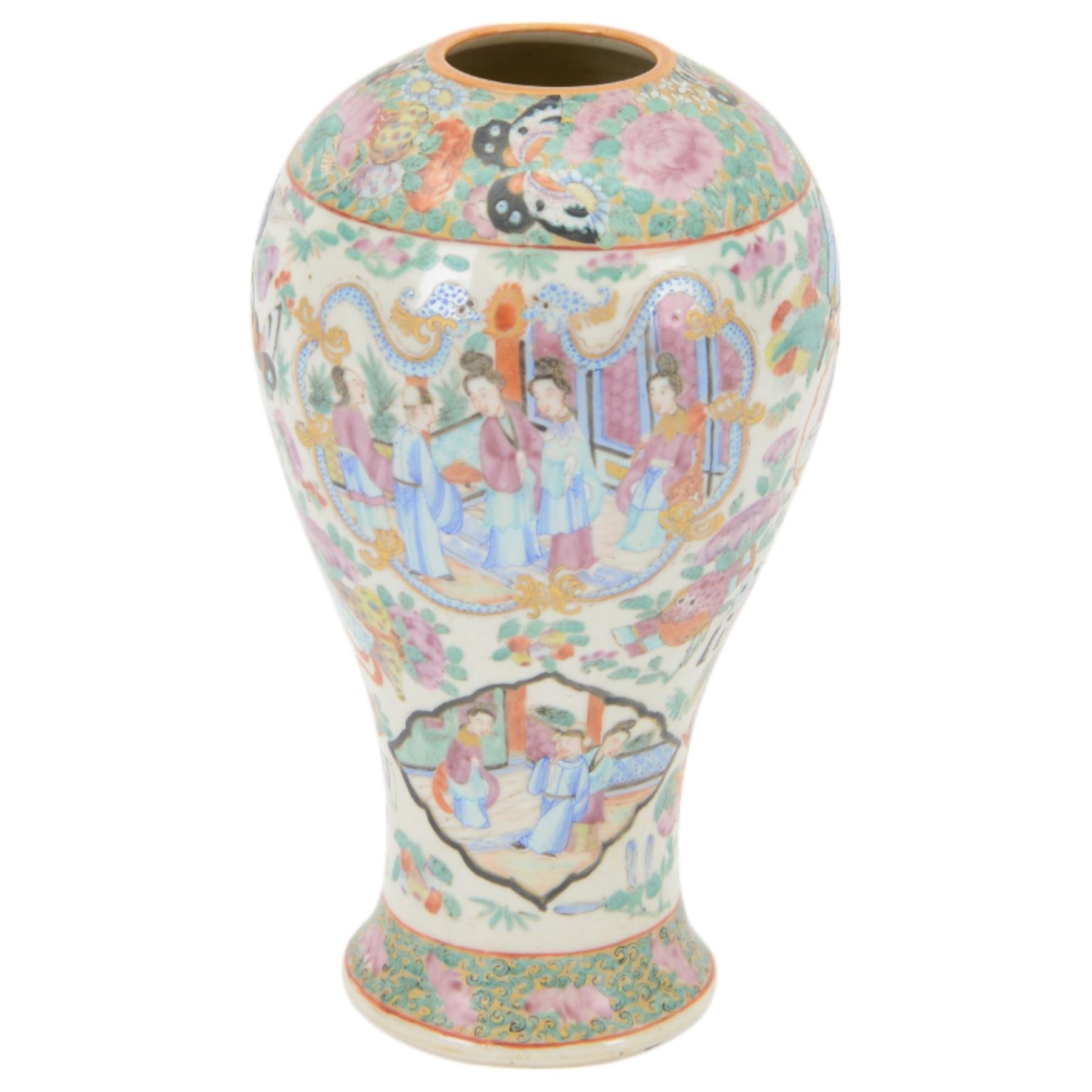 Chinese Famille Rose vase, decorated in polychrome enamels with figural panels of temple scenes, with borders of dragons and butterflies, H25cm
