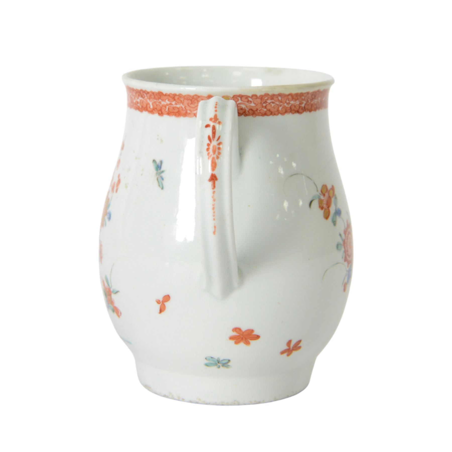 Mid 18th century Worcester mug, circa 1756-1758, of bell form with grooved loop handle, decorated in the Two Quail pattern in the Kakiemon palette with two birds and blossoming prunus trees amongst further flowers, sprigs and insects, bellow an iron red foliate border to rim, H12cm
