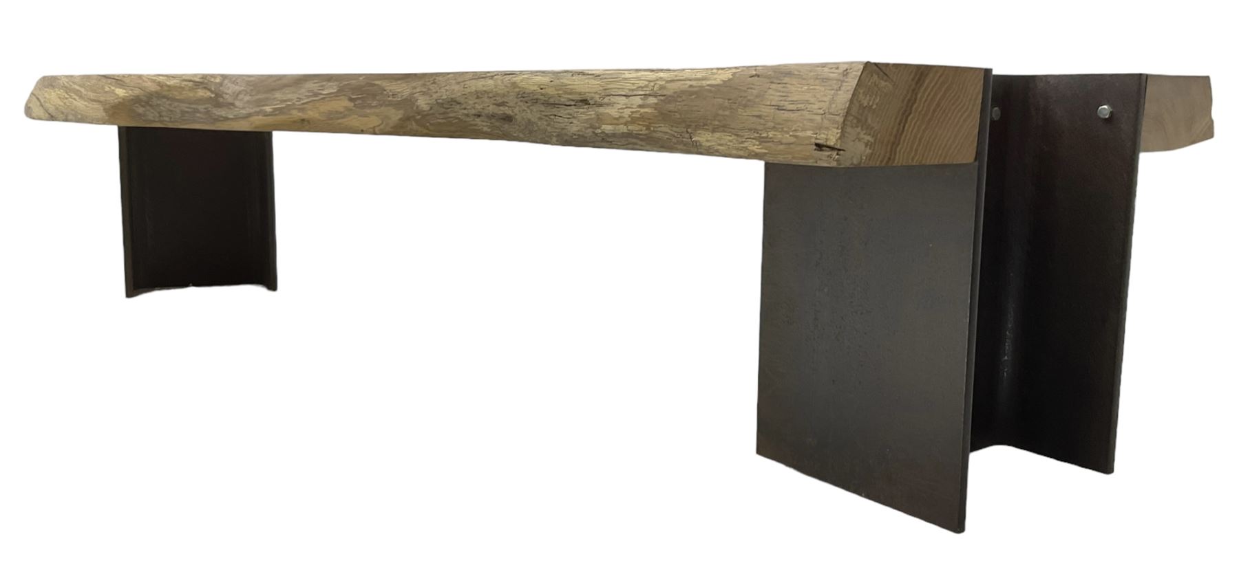 Raw edge shaped oak plank bench or side table on steel RSJ supports