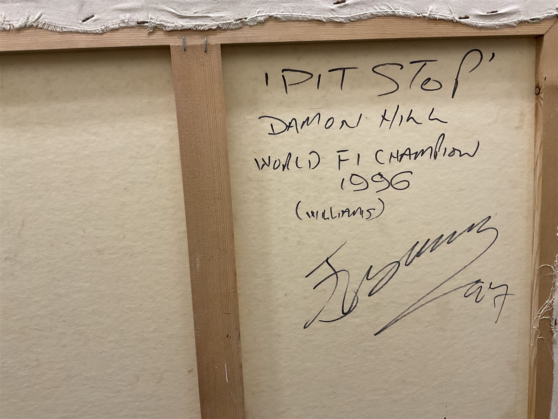 James Lishman (British 1931-2024): 'Pit Stop - Damon Hill World Formula 1 Champion 1996' and 'Rounding the Horn', two oils on canvas signed, titled and dated '97 verso 66cm x 79cm (2) (unframed)