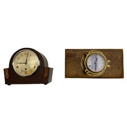 1960's Westminster chiming mantel clock and brass cased ships clock on an oak mounting board