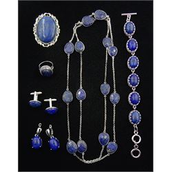 Collection of Lapis lazuli jewellery including faceted bead necklace, pair of cufflinks, brooch, ring, bracelet and earrings