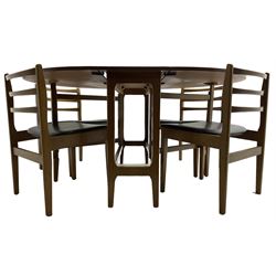 Mid-20th century teak drop leaf dining table (113cm x 147cm, H72cm); and a set of four chairs