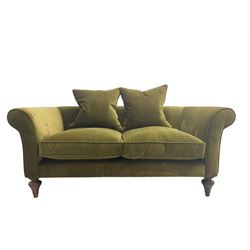 Sofas & Stuff - 'Clavering' two seat sofa upholstered in olive green velvet, scrolled arms, on turned front supports, with matching scatter cushions