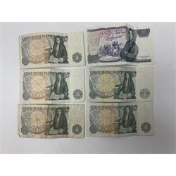 Queen Victoria 1890 crown coin, King George V 1929 half crown, 1922 florin, King George VI 1940 half crown, Bank of England Somerset five pound note 'HW30' and five one pound notes