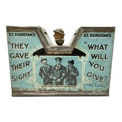 After Bruce Bairnsfather, early 20th century tin-plate collecting box for St. Dunstan's, of oblong form with all over illustrations and writing and central well to the top with two coin apertures and 'Old Bill' nodding head L21cm