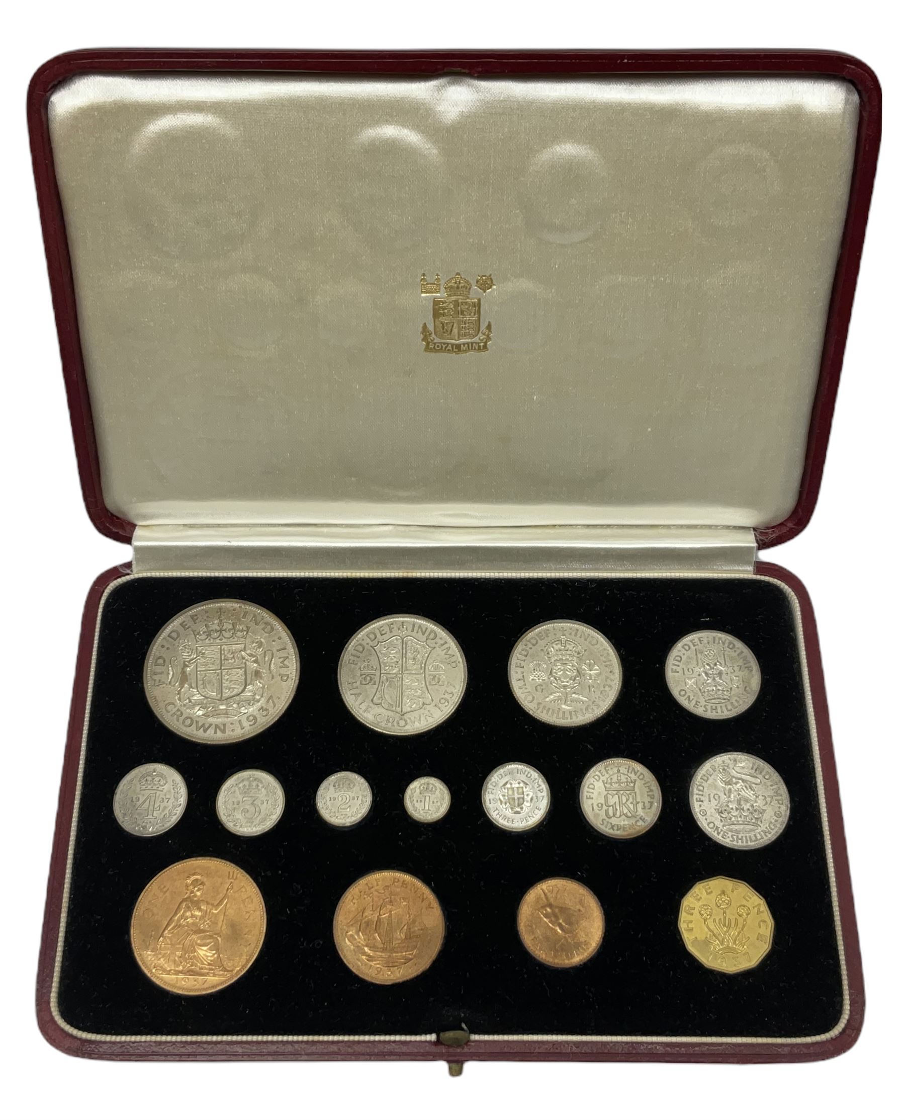 King George VI 1937 specimen coin set, fifteen coins from farthing to crown including Maundy money, in the original case