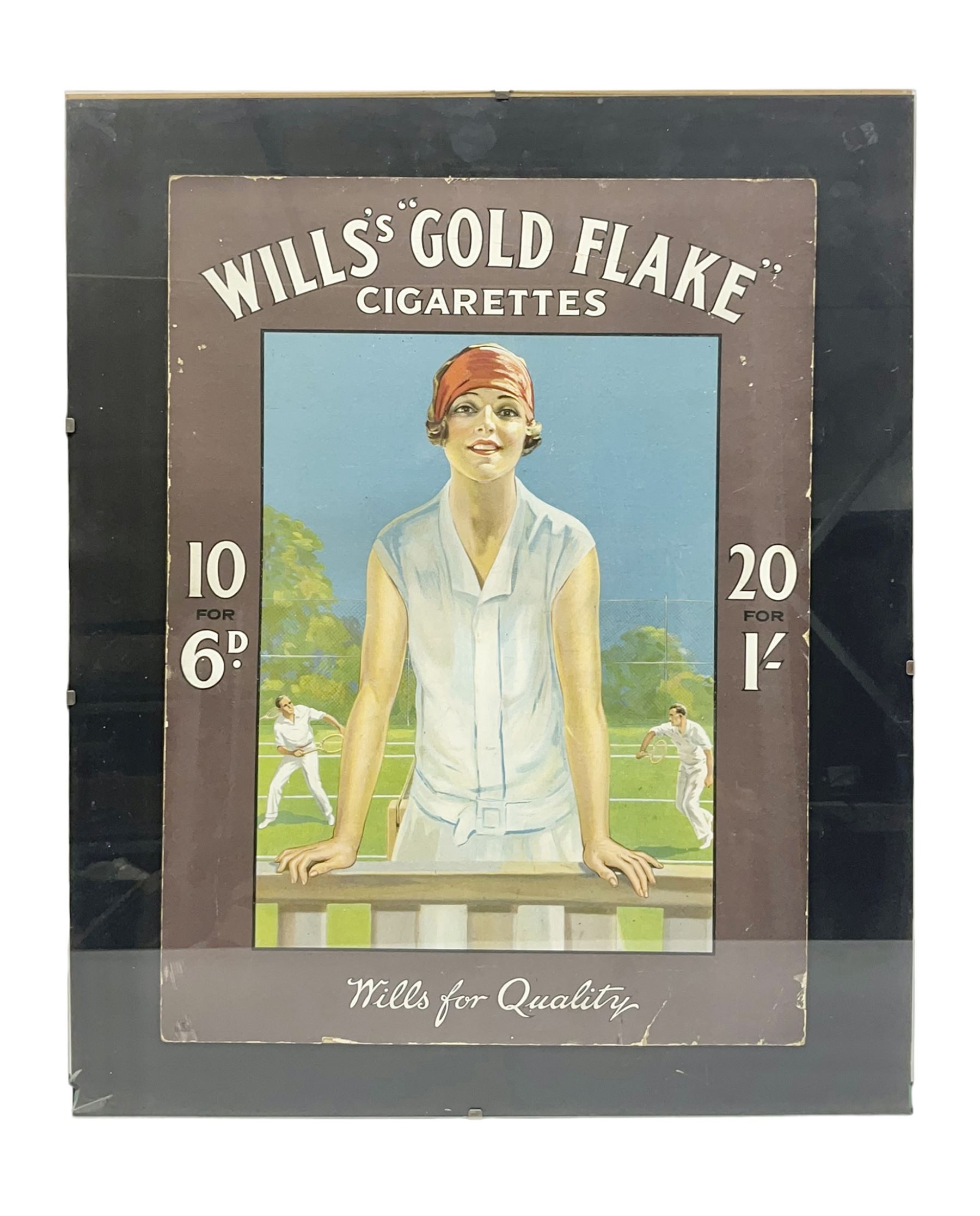 Wills Gold Flake Cigarettes advertising board, framed depicting a lady at the tennis, advert H51cm, L38cm