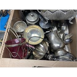 Large collection of silver-plate and other metal ware, to include horse brasses on leather, cutlery, pewter etc