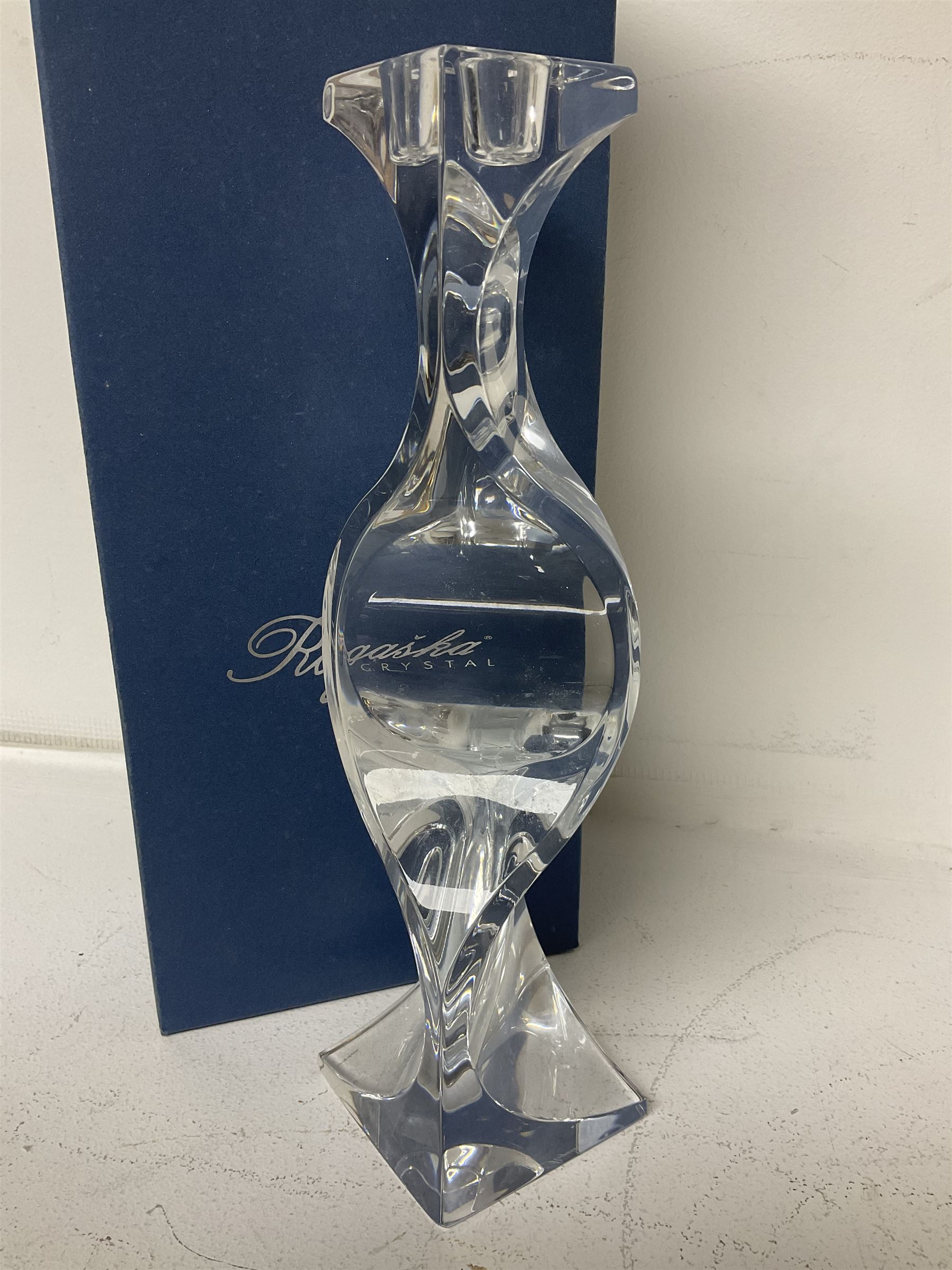 Late 20th century art glass, to include a Robert Held vase, of baluster form with iridescent swirl design, two frosted glass vases with peacock feather design on green and white ground, frosted glass tulip shaped bowl with smoke design and a Rogaska Crystal cobra candlestick, tallest vase 27cm