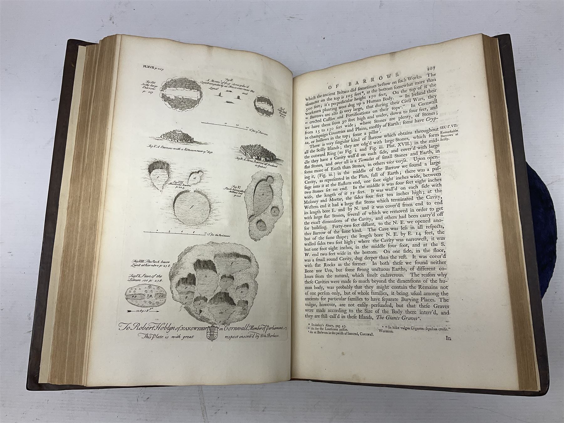 William Borlase; Observations on the Antiquities Historical and Monumental of the County of Cornwall, 1754, printed by W. Jackson, High Street, Oxford, leather bound iwth gilt detailing and lettering to spine