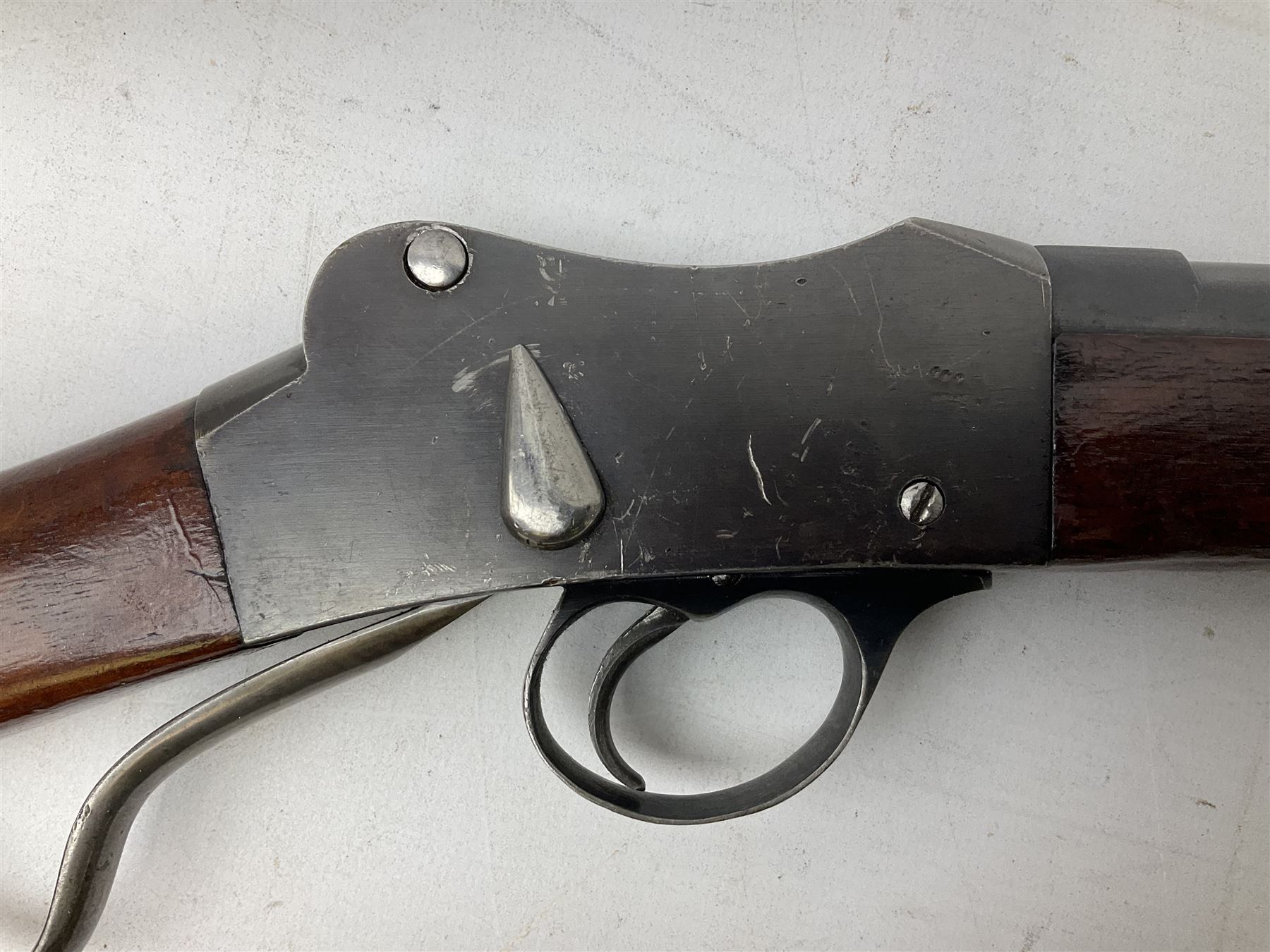 Westley Richards .310 Cadet Martini action rifle, the 63.5cm smooth bored barrel with one barrel band, walnut stock stamped 93/352 with hinged compartment to butt, serial no.3365, L103cm