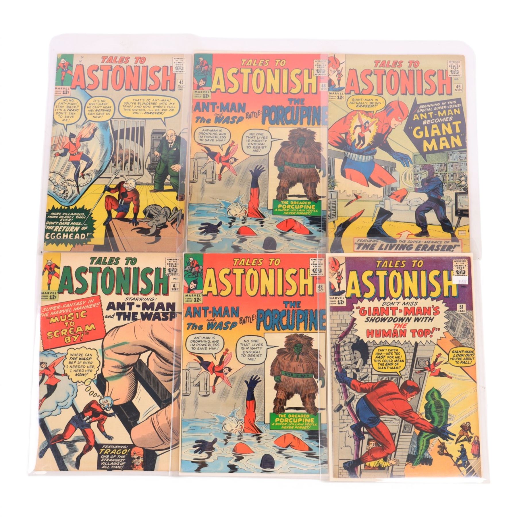 Twelve Marvel Silver Age 'Tales to Astonish' comic books, spanning years 1962-1964, comprising issues #28, #36, #37, #38, #42, #45 x 2, #47, #48 x 2, #49 and #51