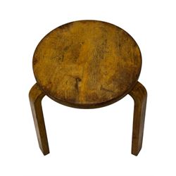 Alvar Aalto for Finmar - mid-20th century Finnish birch circular stool, the seat supported by three bentwood supports, applied label to the underside 