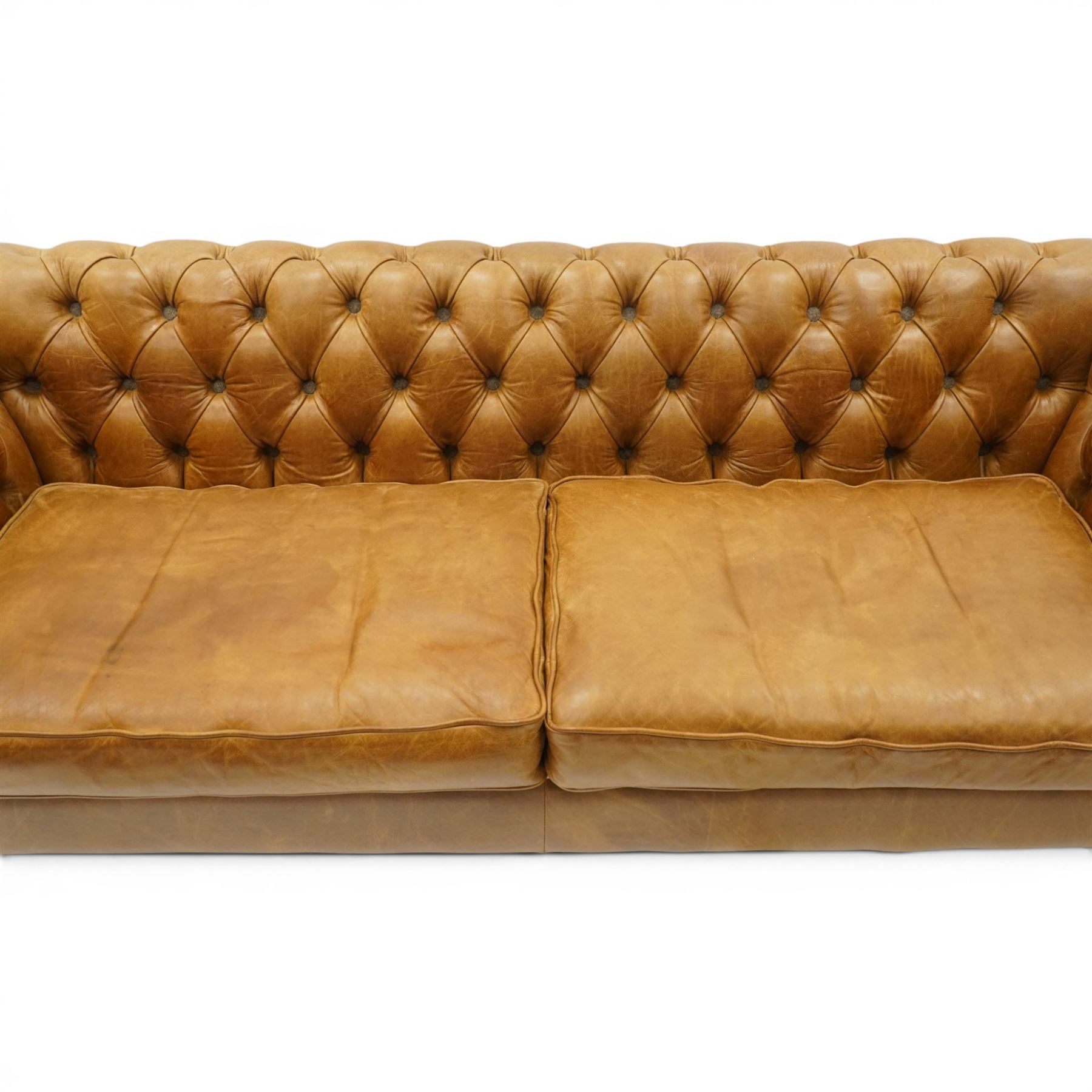 Contemporary Chesterfield design 'Caesar' three seat sofa, traditional shape with out-swept arms, upholstered in tan leather with loose seat cushions, the back, sides and buttons upholstered in chevron stitched Harris Tweed, on turned feet