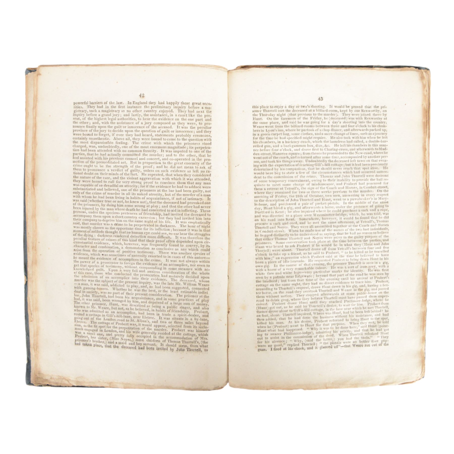 Pierre Egans; Account of the Trial of Joseph Thurell and Joseph Hunt, published Knight & Lacey London, 1824 and Le Petit Journal framed illustrated images of execution of Doctor Crippen, circa 1910, H45cm, L62cm  