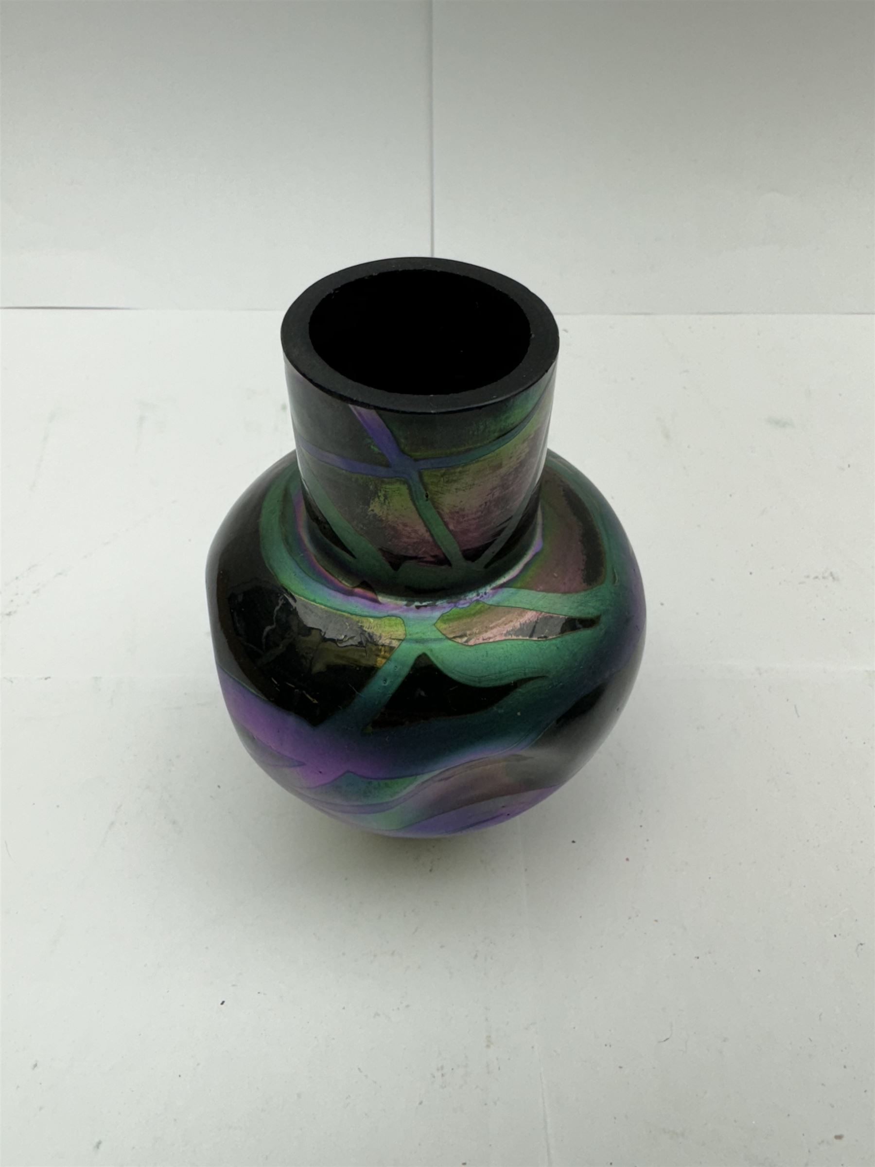 Five Austrian Art Nouveau purple glass vases, to include a Pallme-Konig example, of tapering form with matte vein decoration, and two similar pairs, tallest H16cm