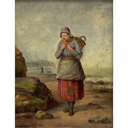 English School (19th century): Mussel Gatherer on the Rocks in the South Bay Scarborough, oil on board indistinctly signed on lefthand rock 24cm x 18cm