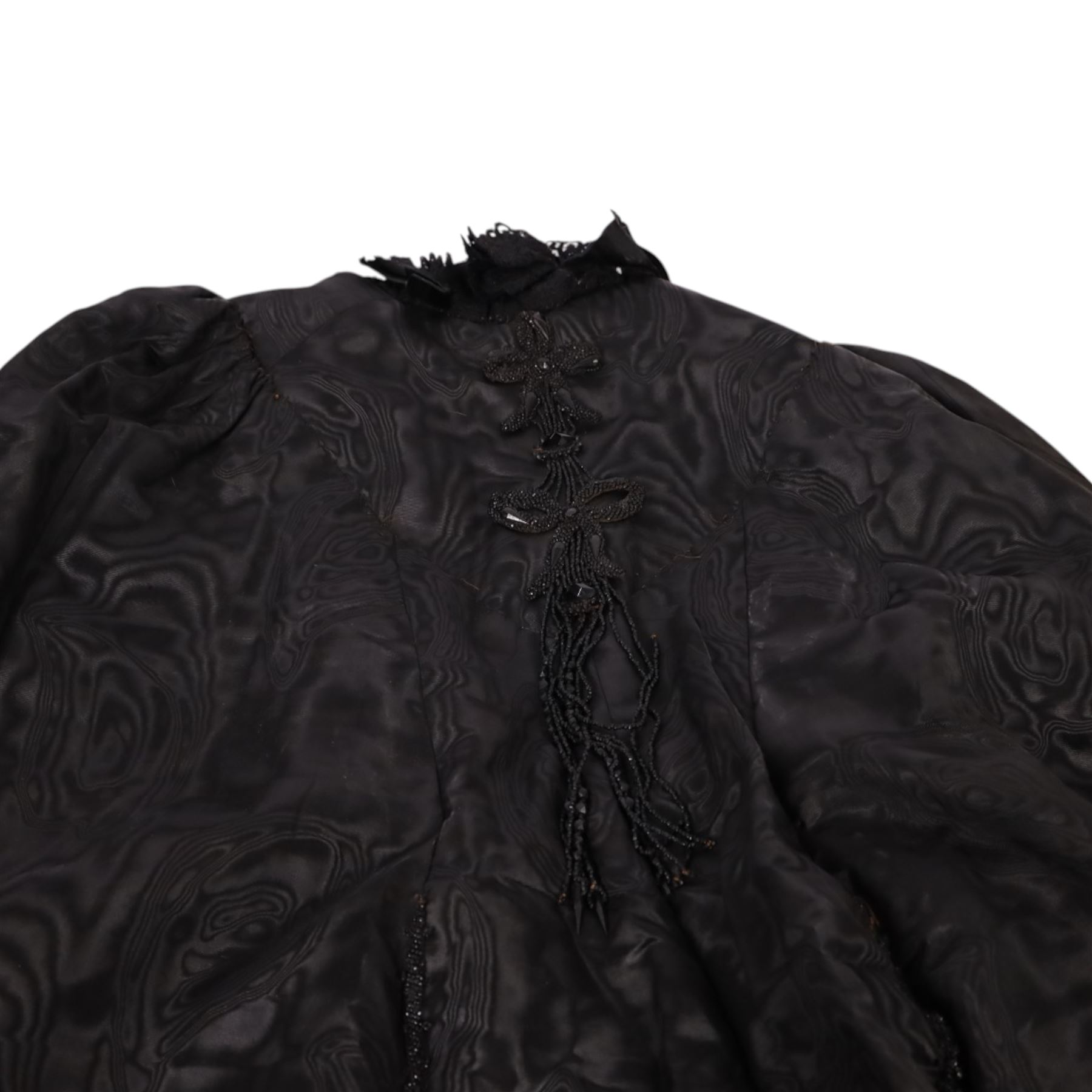 Victorian opera coat, black silk, lace and bead work, together with ermine muff, collar and tippet, opera glasses, long gloves and bags 