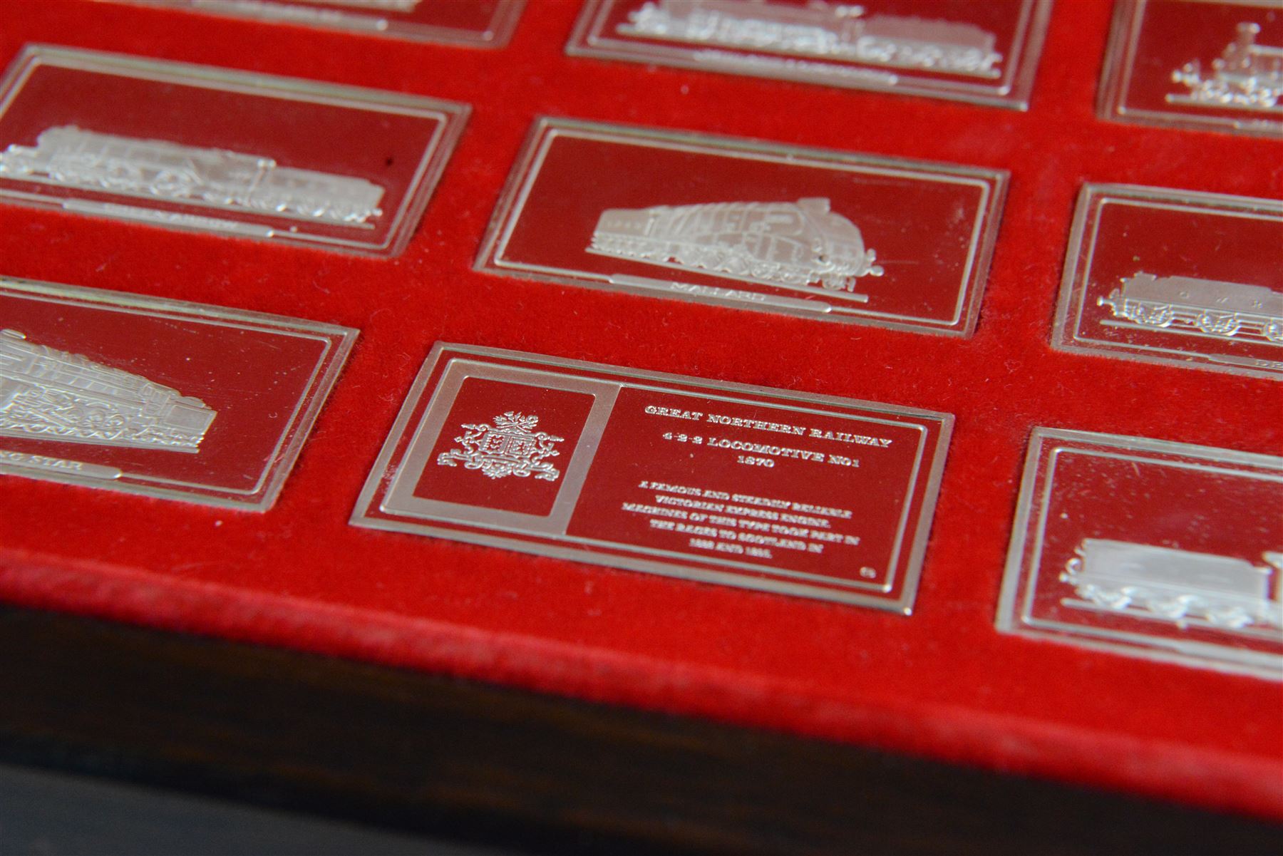 Set of fifty 'Great British Locomotives' silver ingots by  John Pinches, rectangular ingots depicting a different locomotive to each, hallmarked John Pinches, London 1978, in wooden presentation case