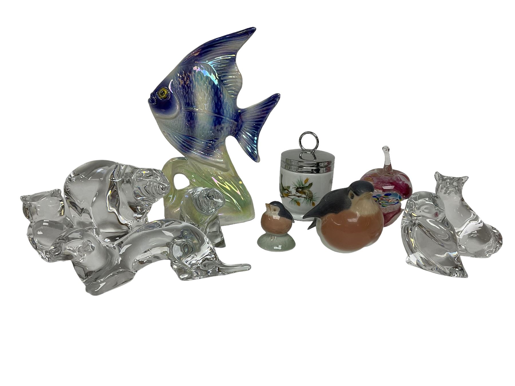 Royal Copenhagen Robins no 2238 and 2266, together with Jena Holland angel fish and three Hadeland glass animals etc