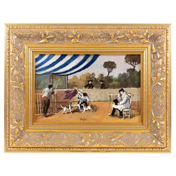 Nino Caffe (Italian 1908/9-1975): Performing Dogs, oil on panel signed, 17cm x 26.5cm
Provenance: authenticated in the Nino Caffe archive dated 1964, copy attached